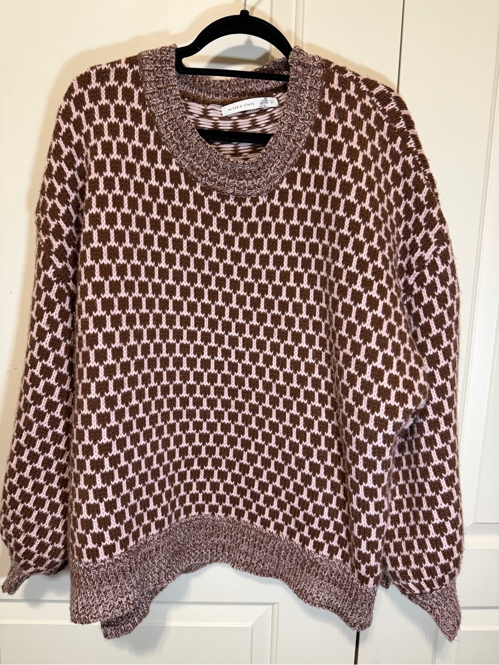 Altar'd State Brown and Cream Geometric Crewneck Sweater